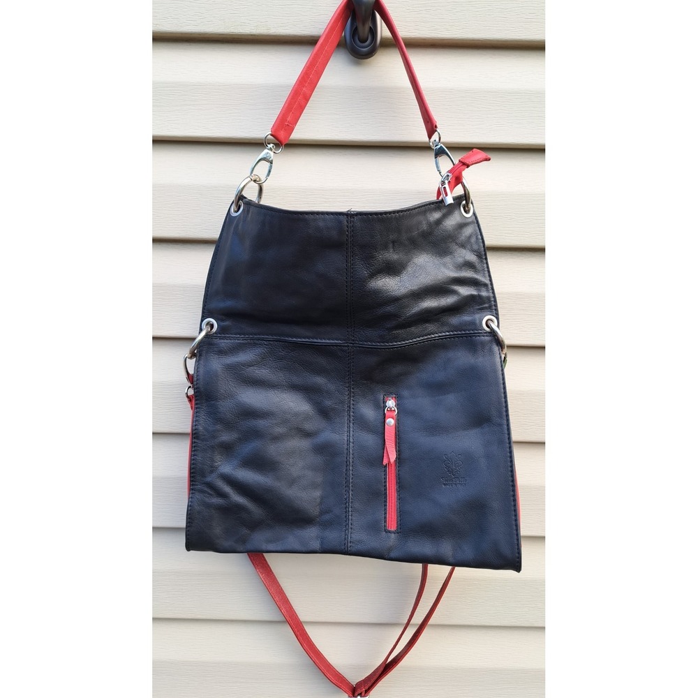 Vera Pelle Womens Italian Leather Black Red Convertible Boho Crossbody Bag Purse